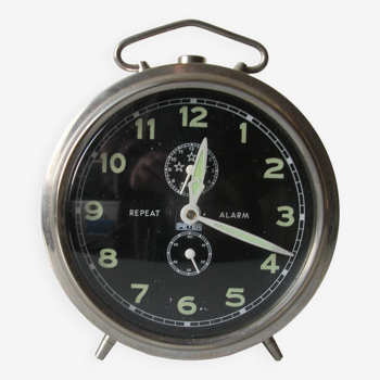 Old large mechanical alarm clock Peter Repeat Alarm chrome metal vintage retro decoration