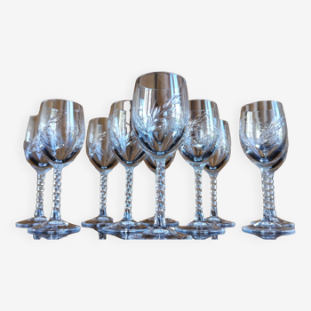 Set of 10 cut crystal liqueur glasses with twisted base and Arques crystal spikes