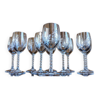 Set of 10 cut crystal liqueur glasses with twisted base and Arques crystal spikes