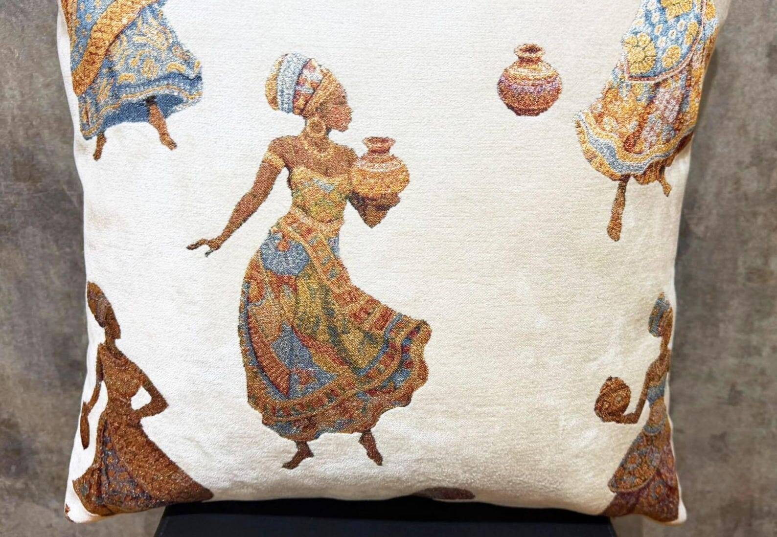 African Pottery Women Jacquard Cushion, Figural Woven Pillow Cover