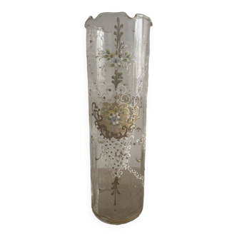 tres beau et grand vase ancien en Verre émaillé décor floral et belle dorure