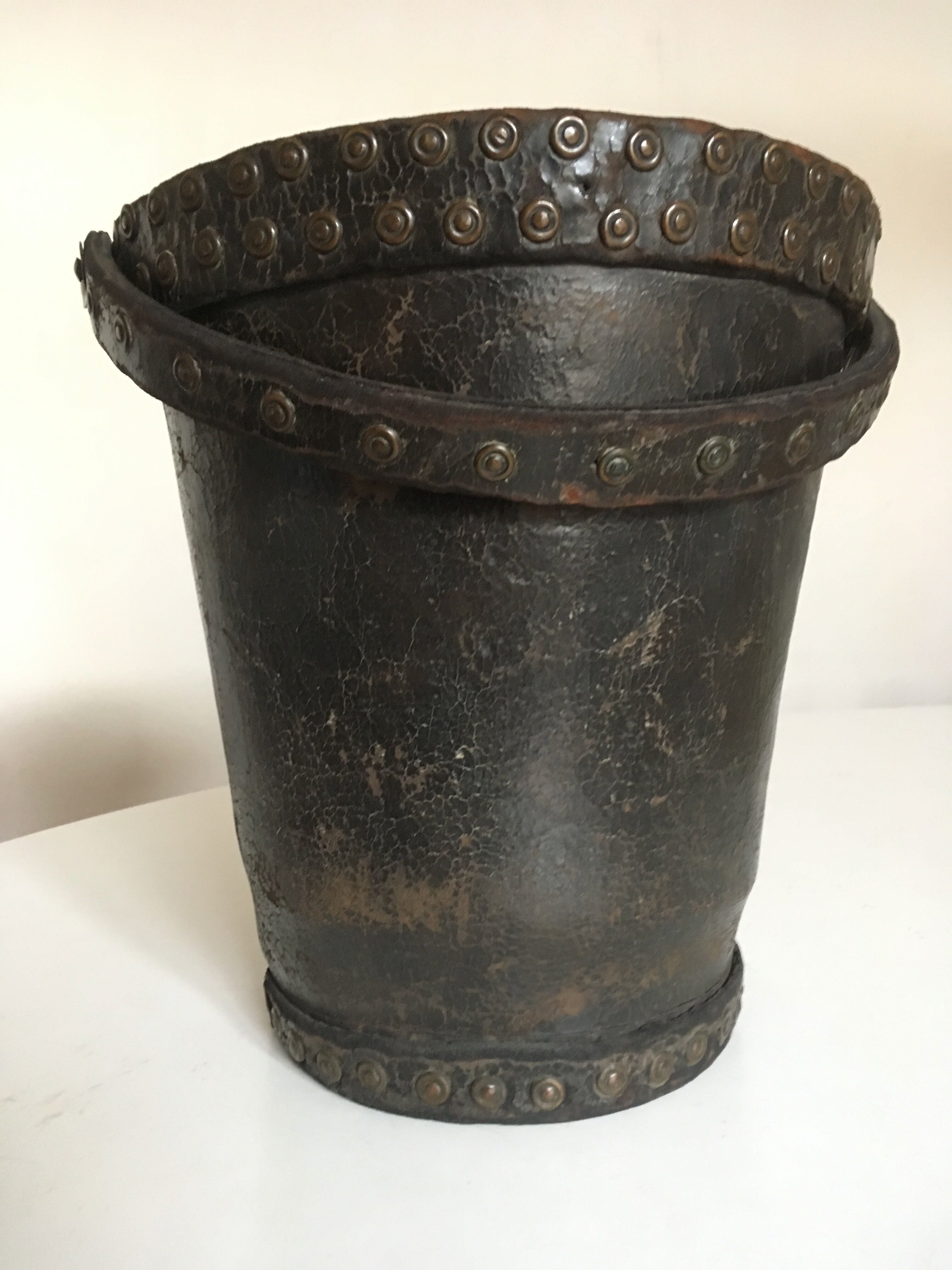 Brutalist studded leather wastepaper basket bucket 1920