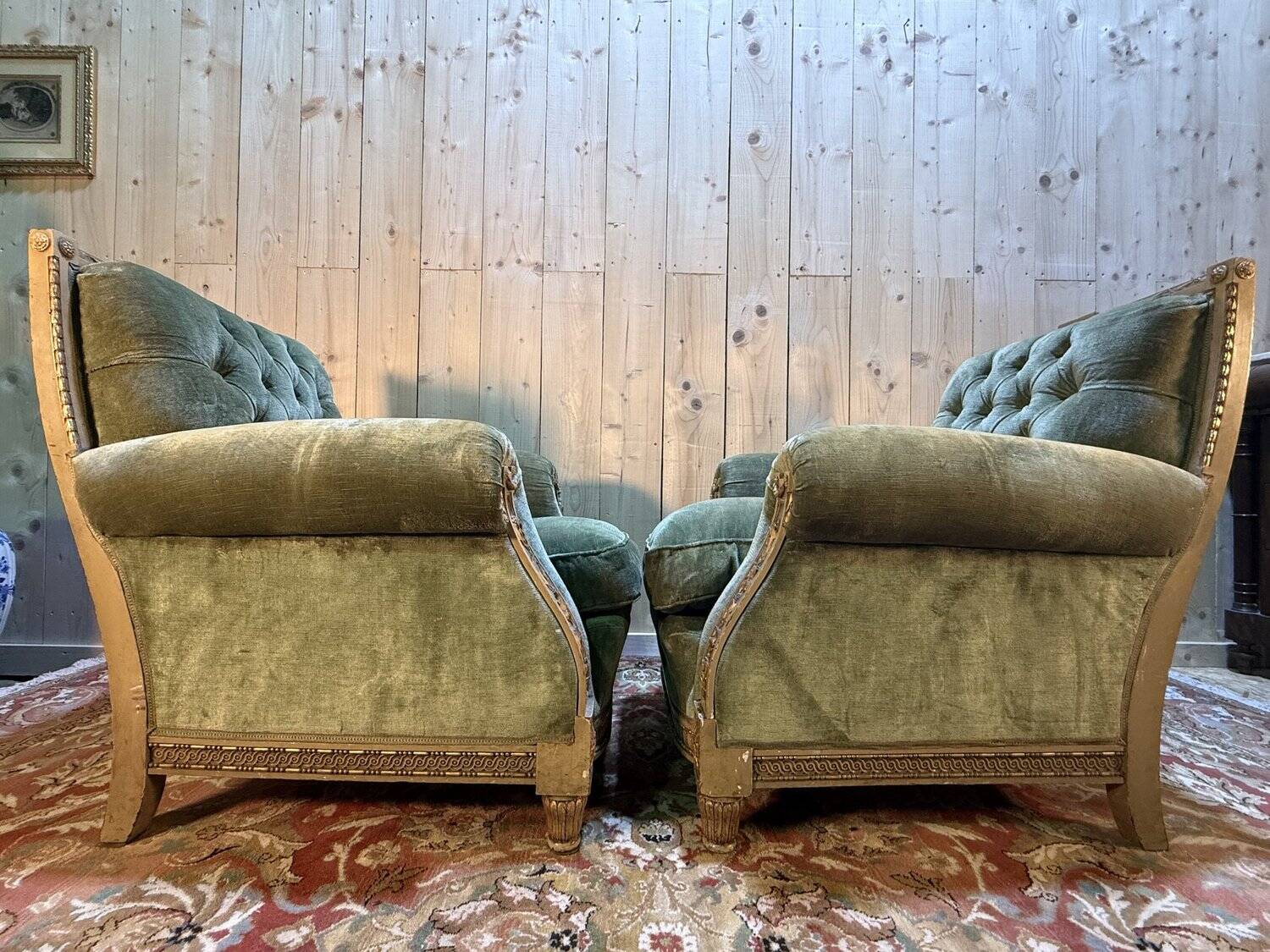 Pair of Club style armchairs / Louis XVI in gilded wood
