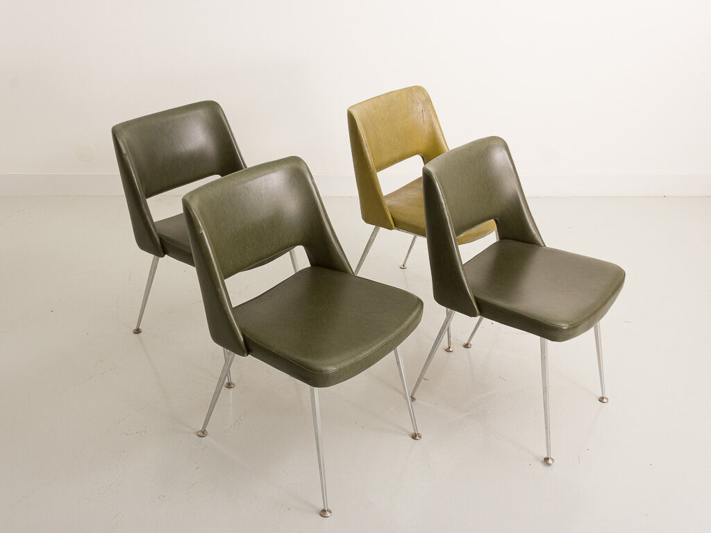 Vintage chairs imitation leather green khaki metal foot