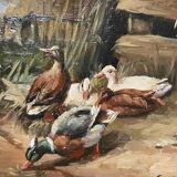 Painting "Ducks in the pond" HST signed Guichard + frame