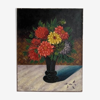 Peinture à l’huile antique des années 1920, nature morte avec des fleurs, peinture à l’huile de dahlias, nature morte de fleurs, rose
