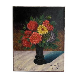 Peinture à l’huile antique des années 1920, nature morte avec des fleurs, peinture à l’huile de dahlias, nature morte de fleurs, rose