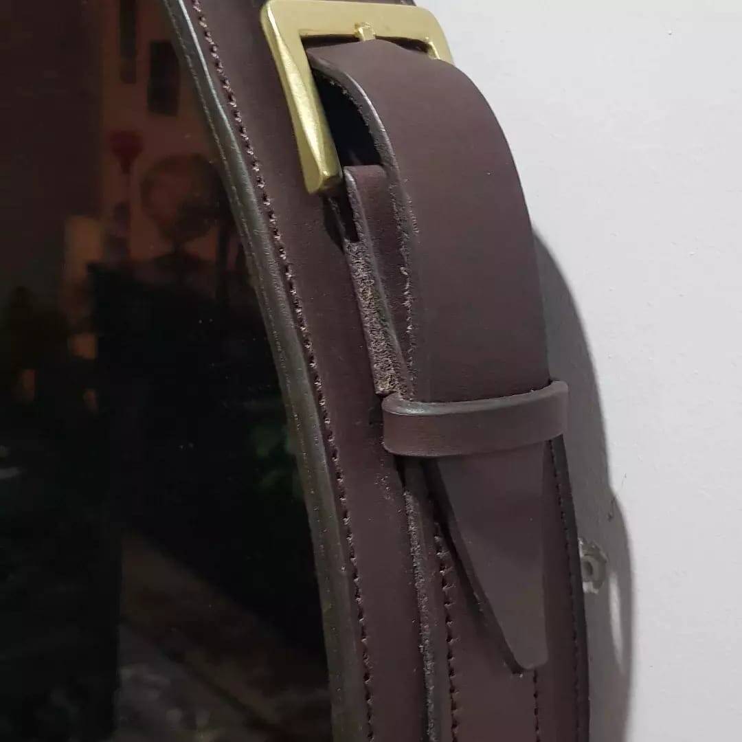 Handmade J. Adnet style mirror in brown vegetable-tanned leather, ø 58 cm