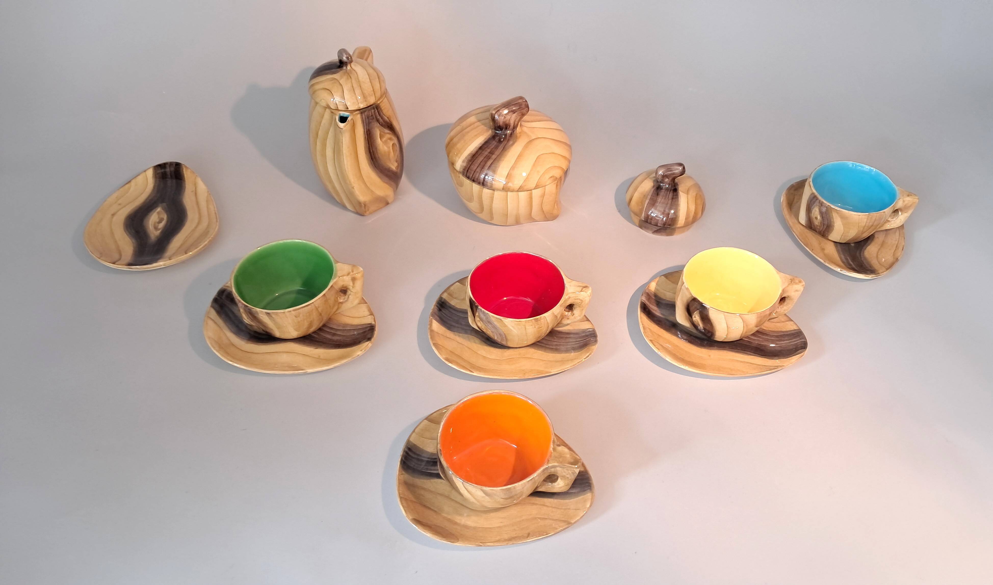 13-piece coffee service in faux wood Granjean Vallauris 1960.
