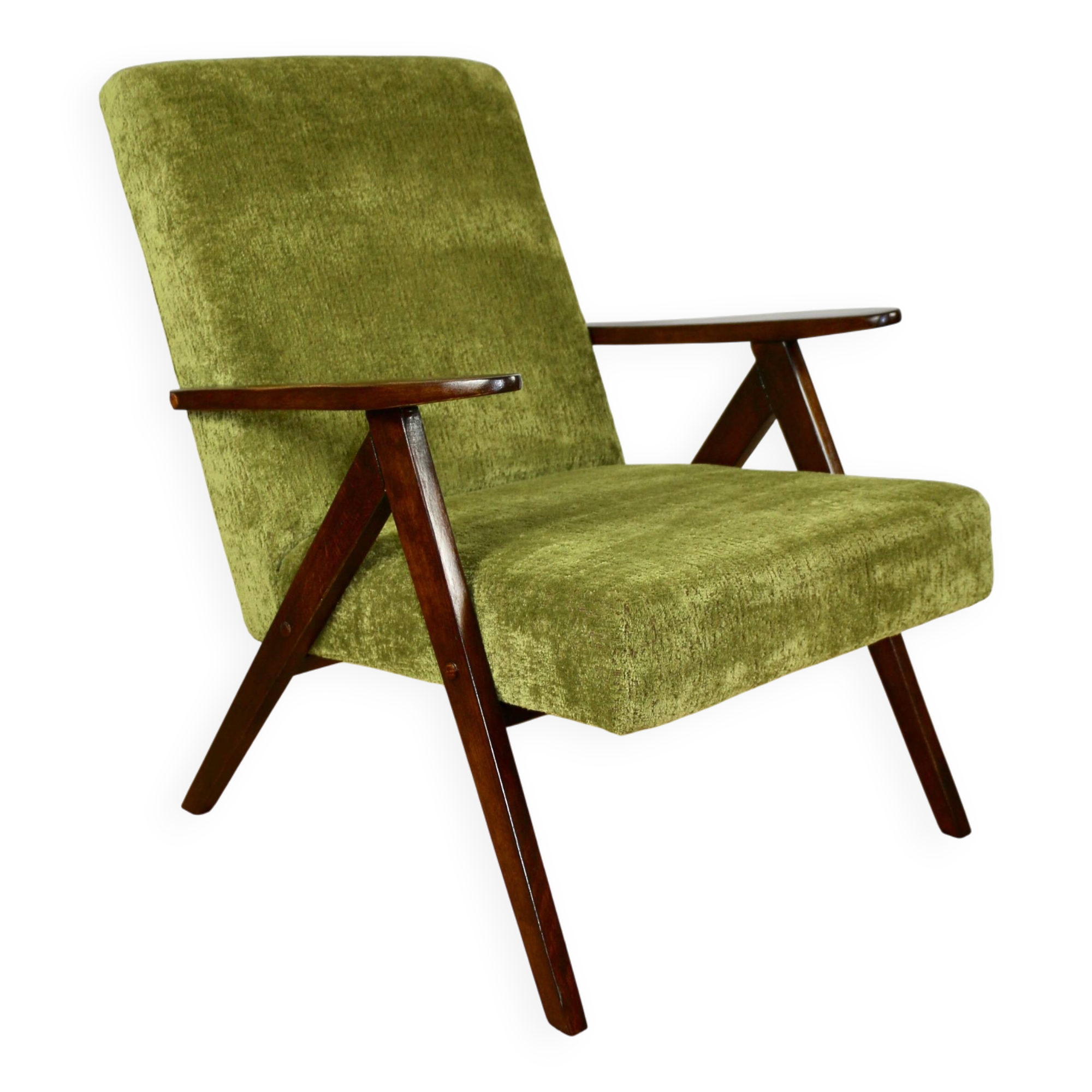 Classic armchair Var B-310 1960s vintage olive structural velvet - dark wood