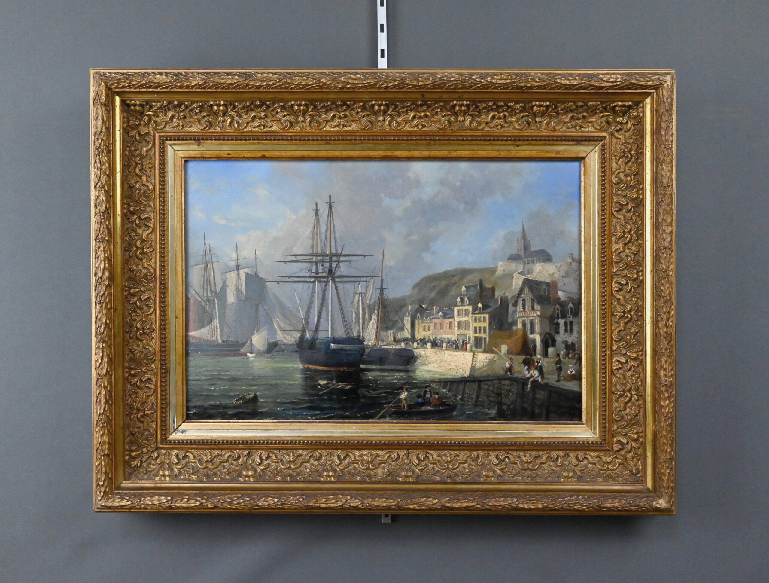 Tableau "Quay in Light", oil on panel, signed Jules d'Évry – Mid 19th century