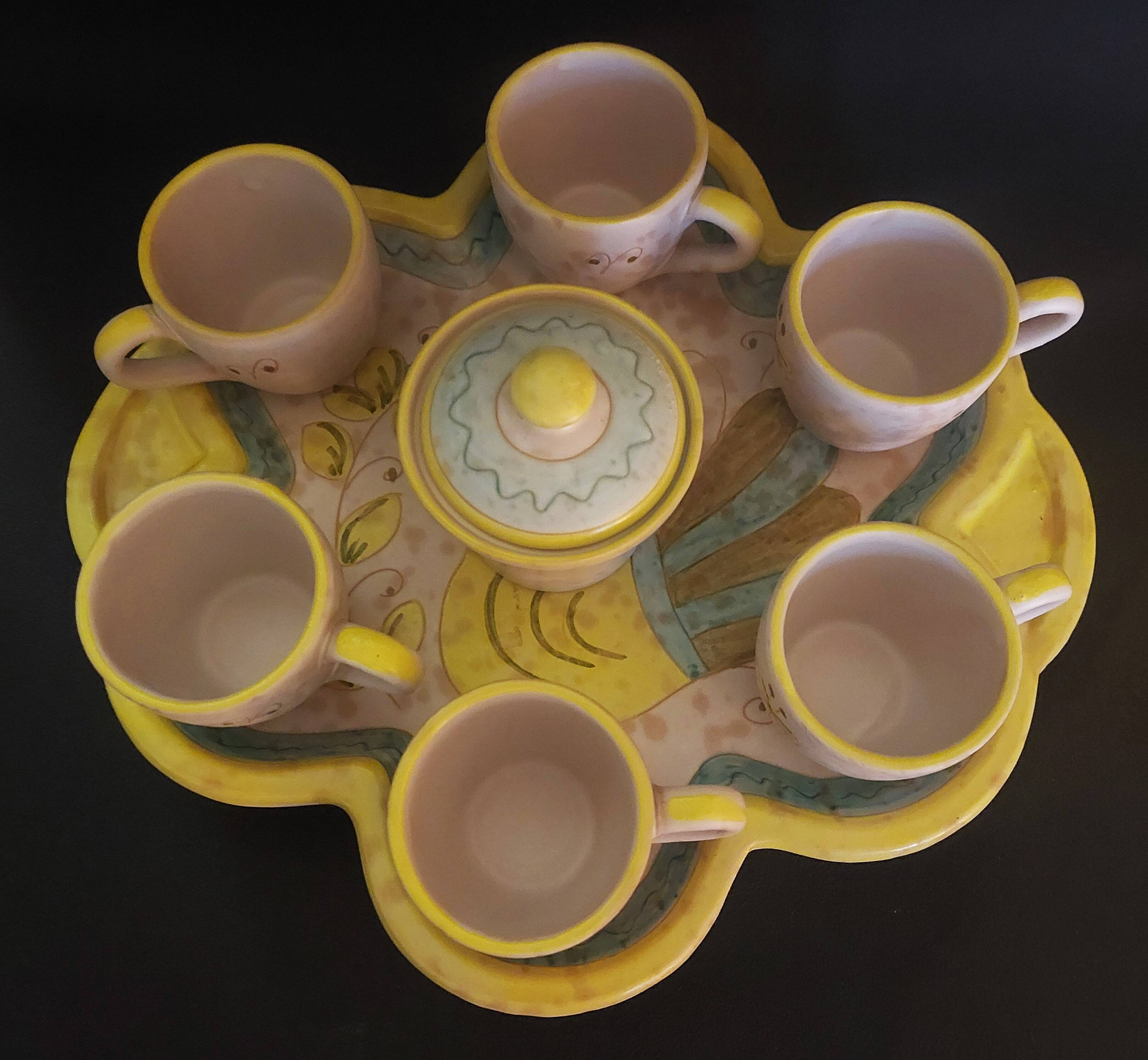 Hand decorated stoneware coffee service Sardinia Italy 20th century