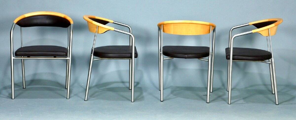 Series of 6 danish armchairs in stainless steel and wood, dark brown leather seats from the 1990s