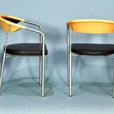 Series of 6 danish armchairs in stainless steel and wood, dark brown leather seats from the 1990s