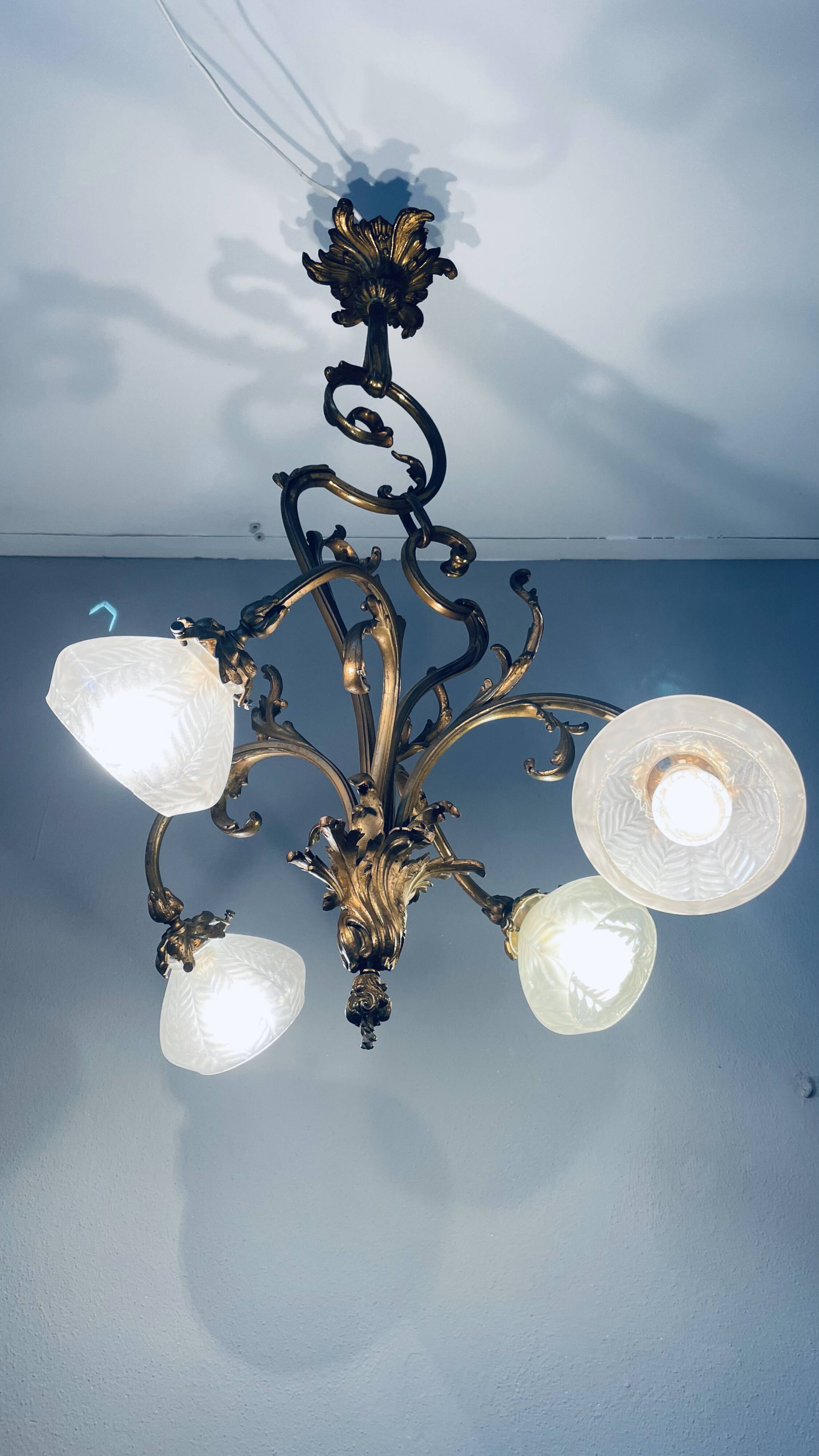 Jugendstil Golden Chandelier with Frosted Glass Shades