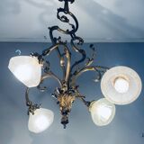 Jugendstil Golden Chandelier with Frosted Glass Shades