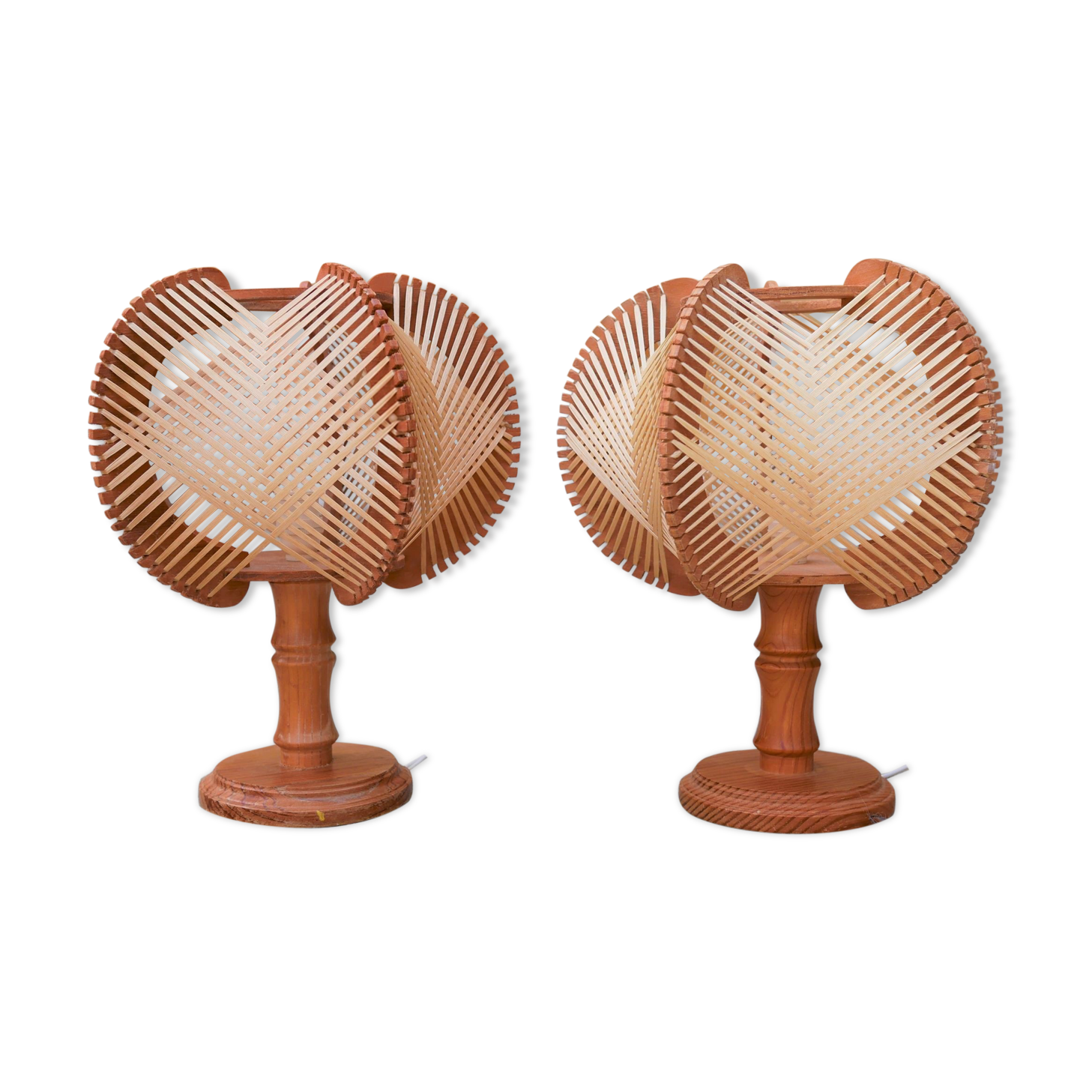 Pair of Scandinavian vintage wood and wire bedside lamps