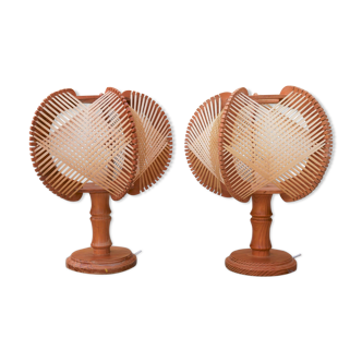 Pair of Scandinavian vintage wood and wire bedside lamps