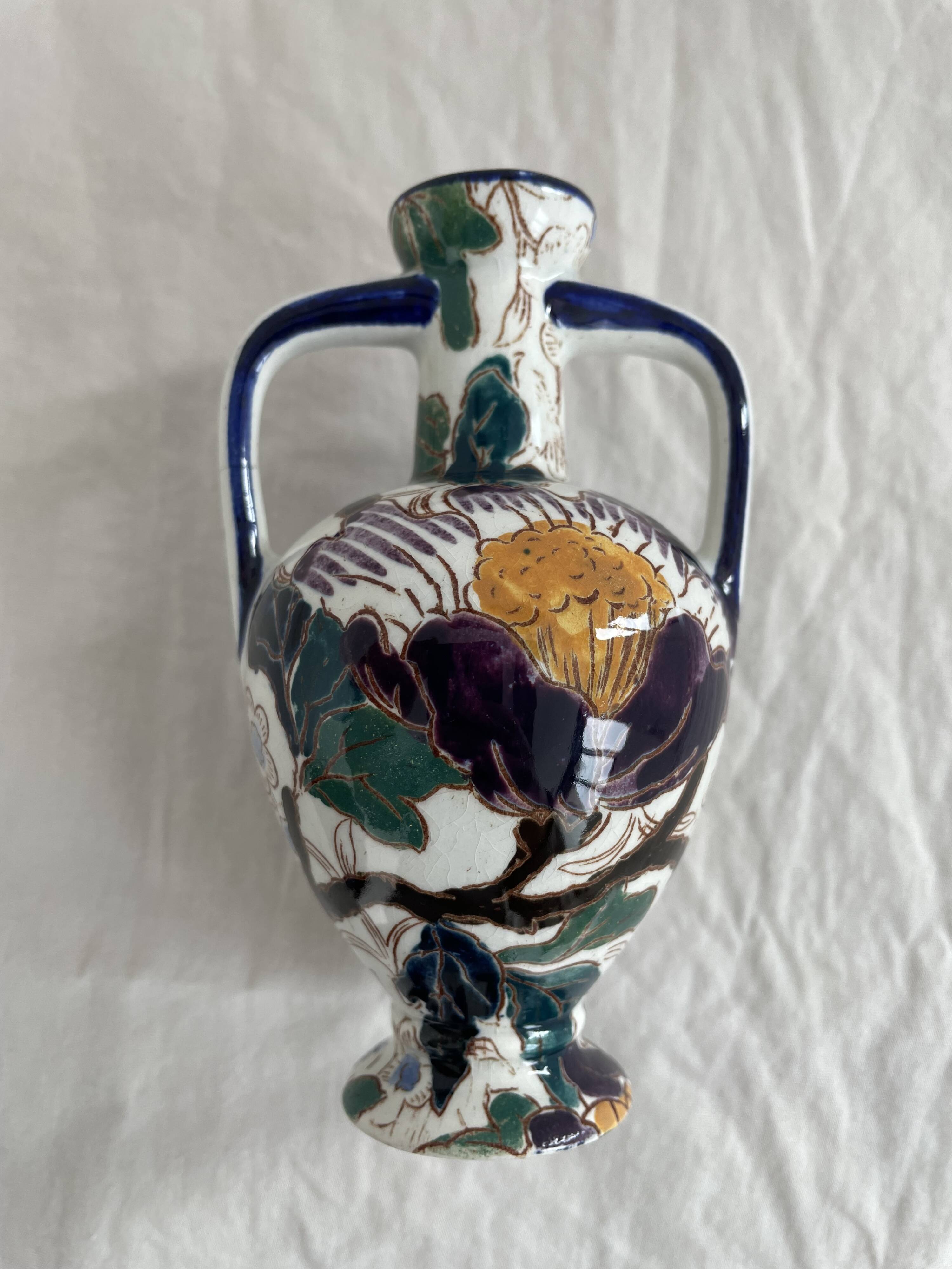 Gien earthenware vase, Peony model, vintage, polychrome floral decoration