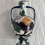 Gien earthenware vase, Peony model, vintage, polychrome floral decoration