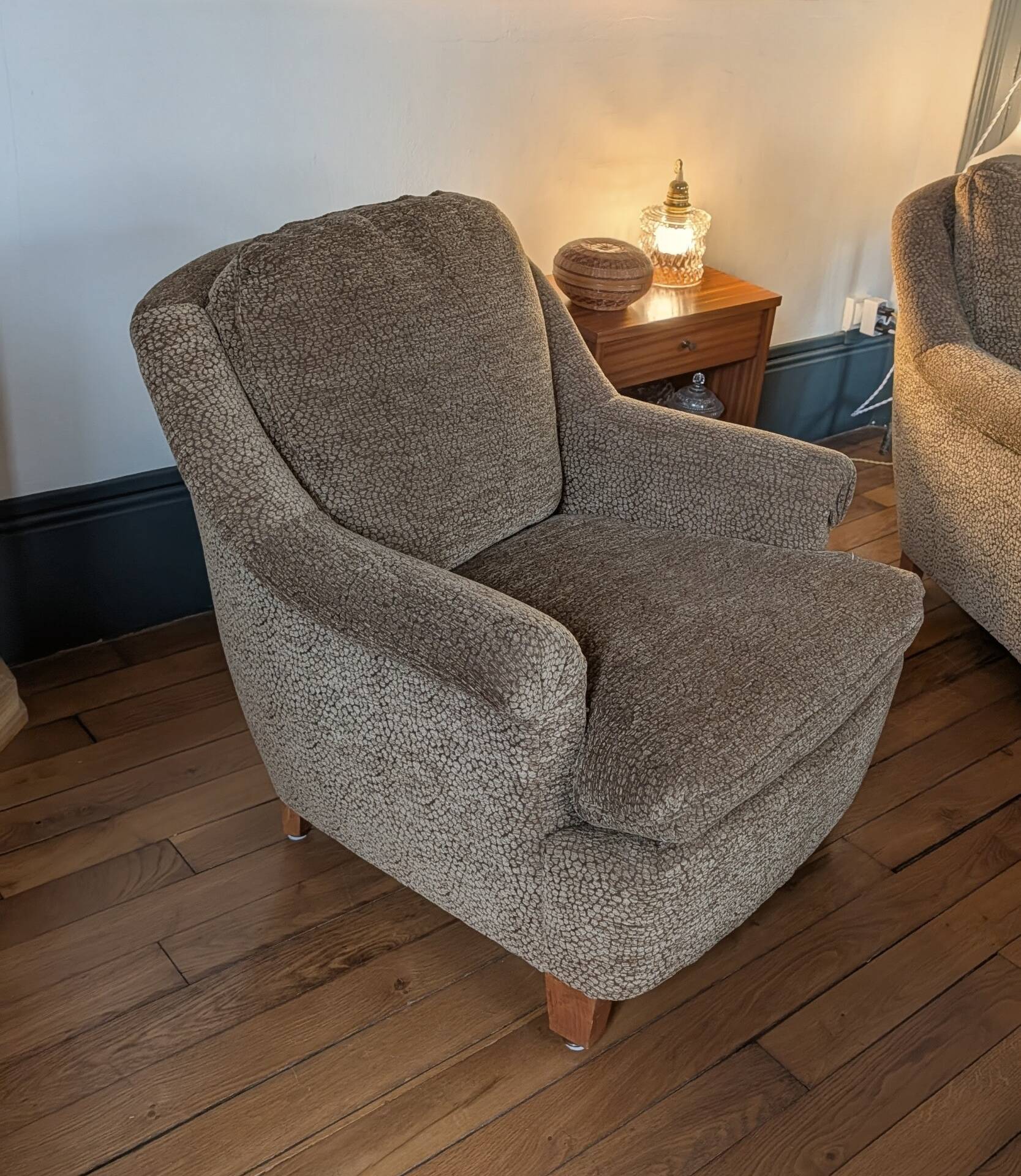 Pair of brown chenille velvet lounge chairs