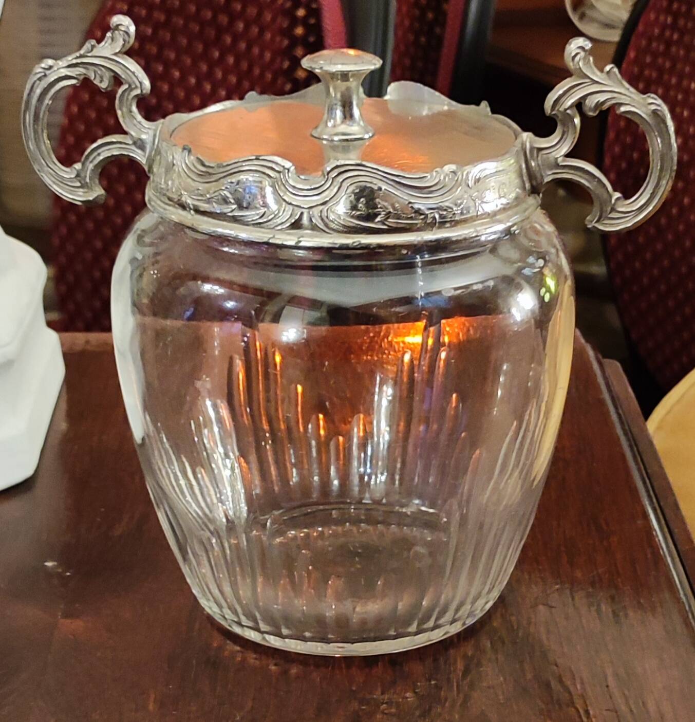 Antique silver metal and glass cookie jar/sugar bowl