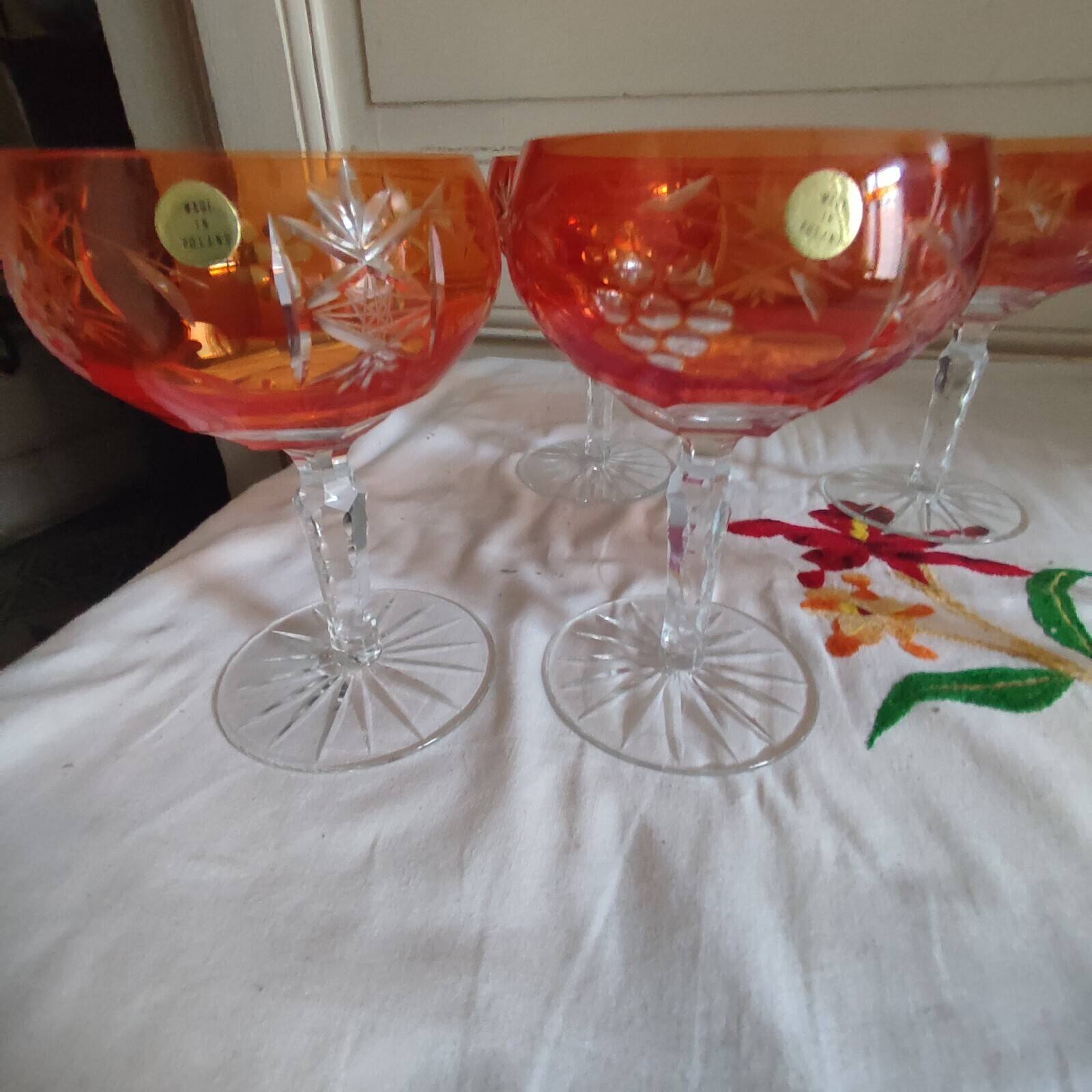 Five antique orange cut crystal champagne glasses with grape cluster decoration Poland