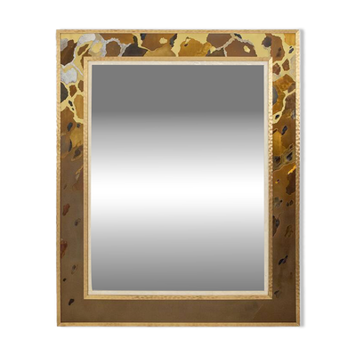 Miroir en marqueterie de laiton oxydé et patiné. Travail d’artiste
