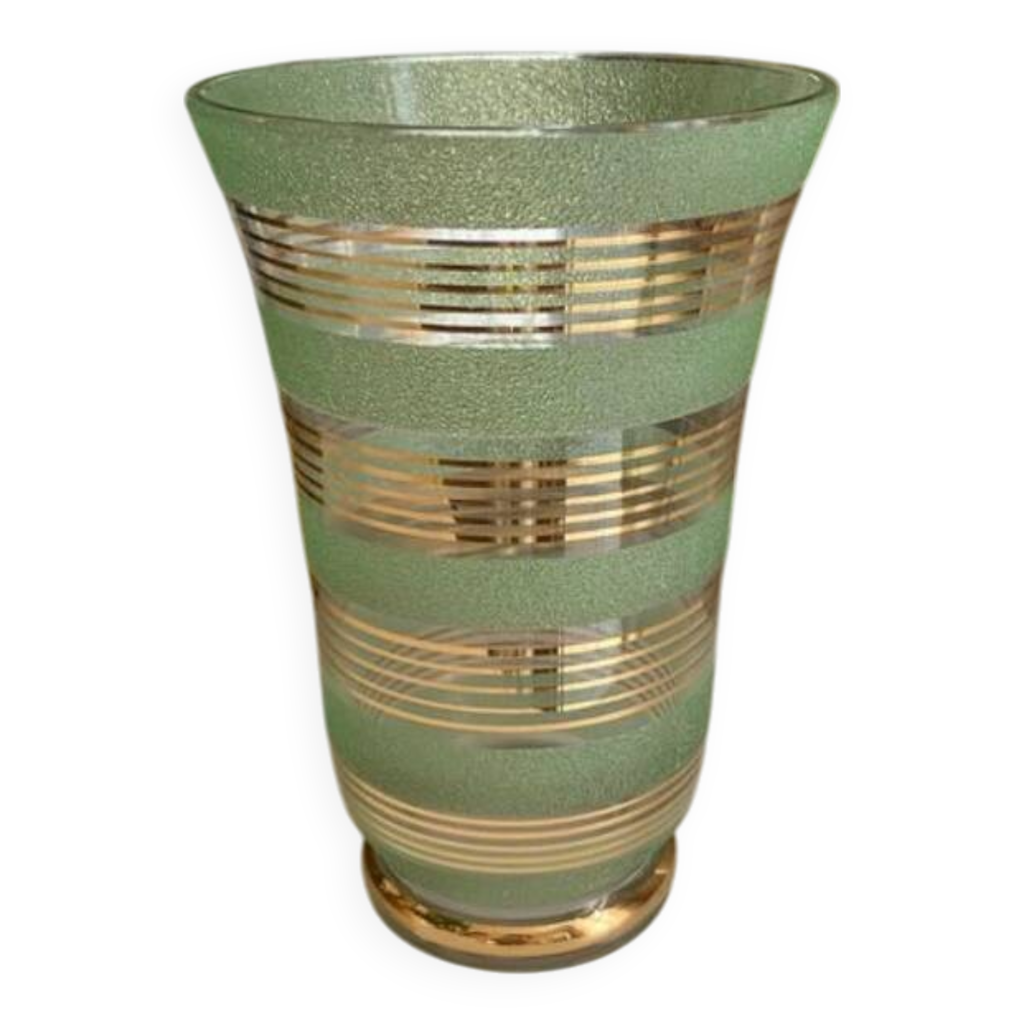 Vintage 1950s Art Deco vase in green granite glass with gold trim