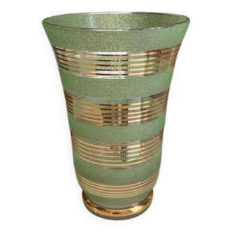 Vintage 1950s Art Deco vase in green granite glass with gold trim