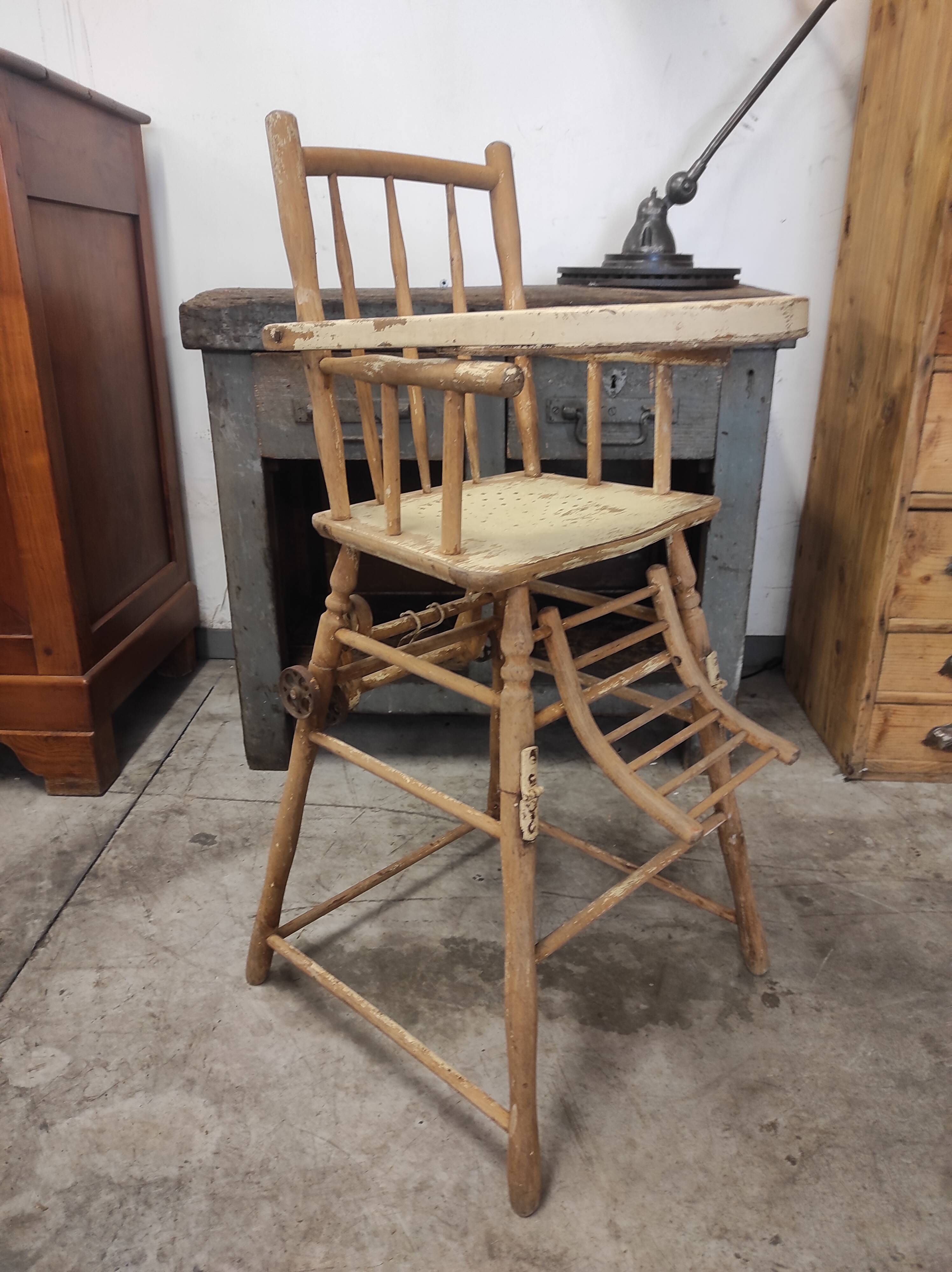 High chair retro baby old wood beech modular patinated white cream art deco dlg Baumann