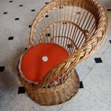 Set of 2 vintage 1970s rattan children's armchairs with orange cushions