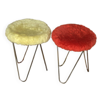 Lot de 2 tabourets moumoute jaune et rouge vintage 1970