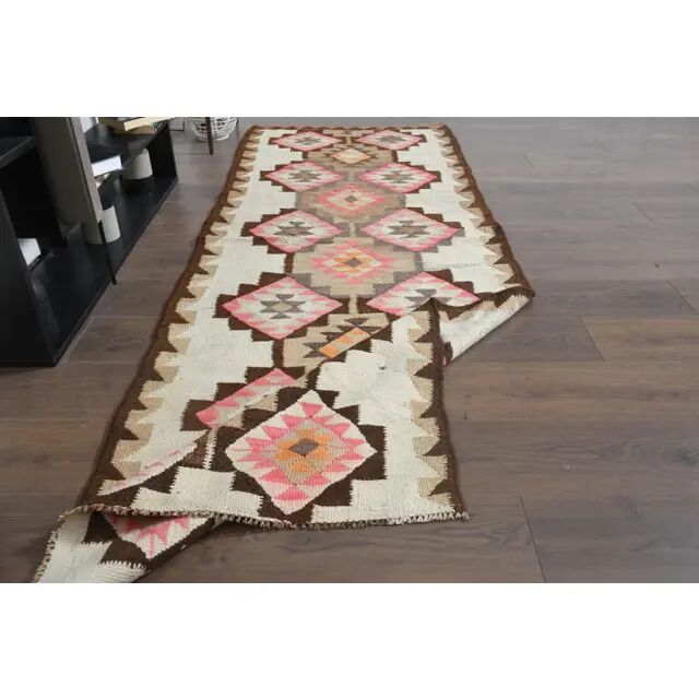 1970s Turkish Oushak Handmade Wool Cotton Pink Runner Rug 92x267
