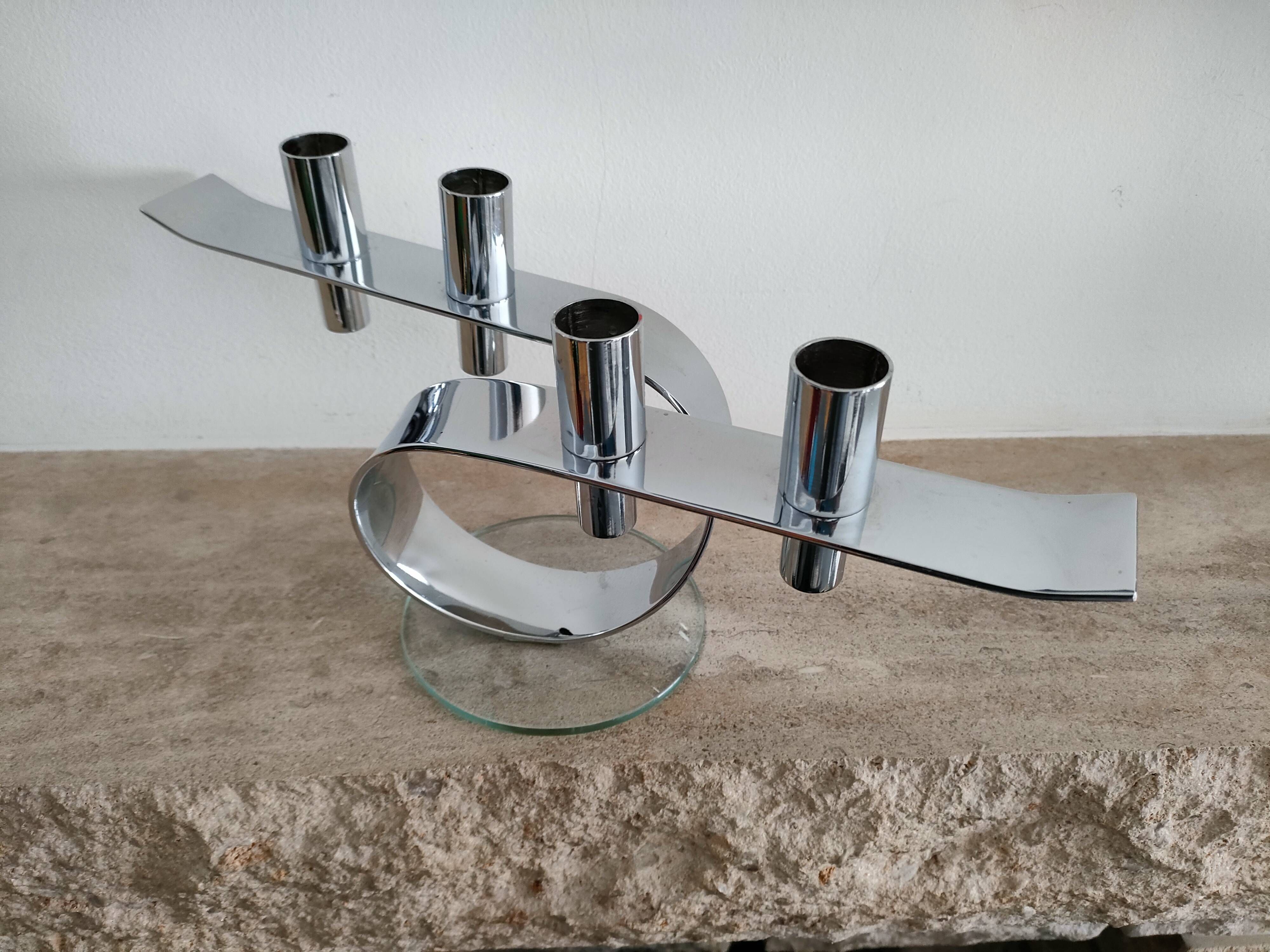 Design horizontal candlestick in chrome metal - four candles - France - 1980s