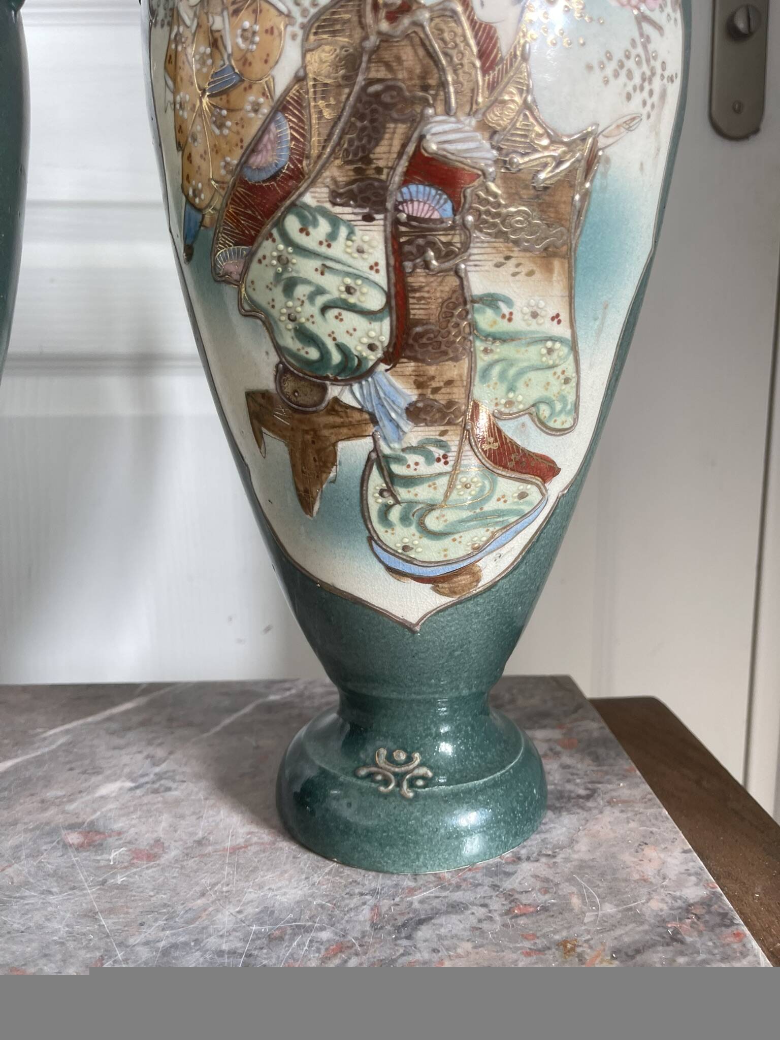 Antique Pair of Japanese Green Moriage Vases Baluster Amphora Flowers Restored