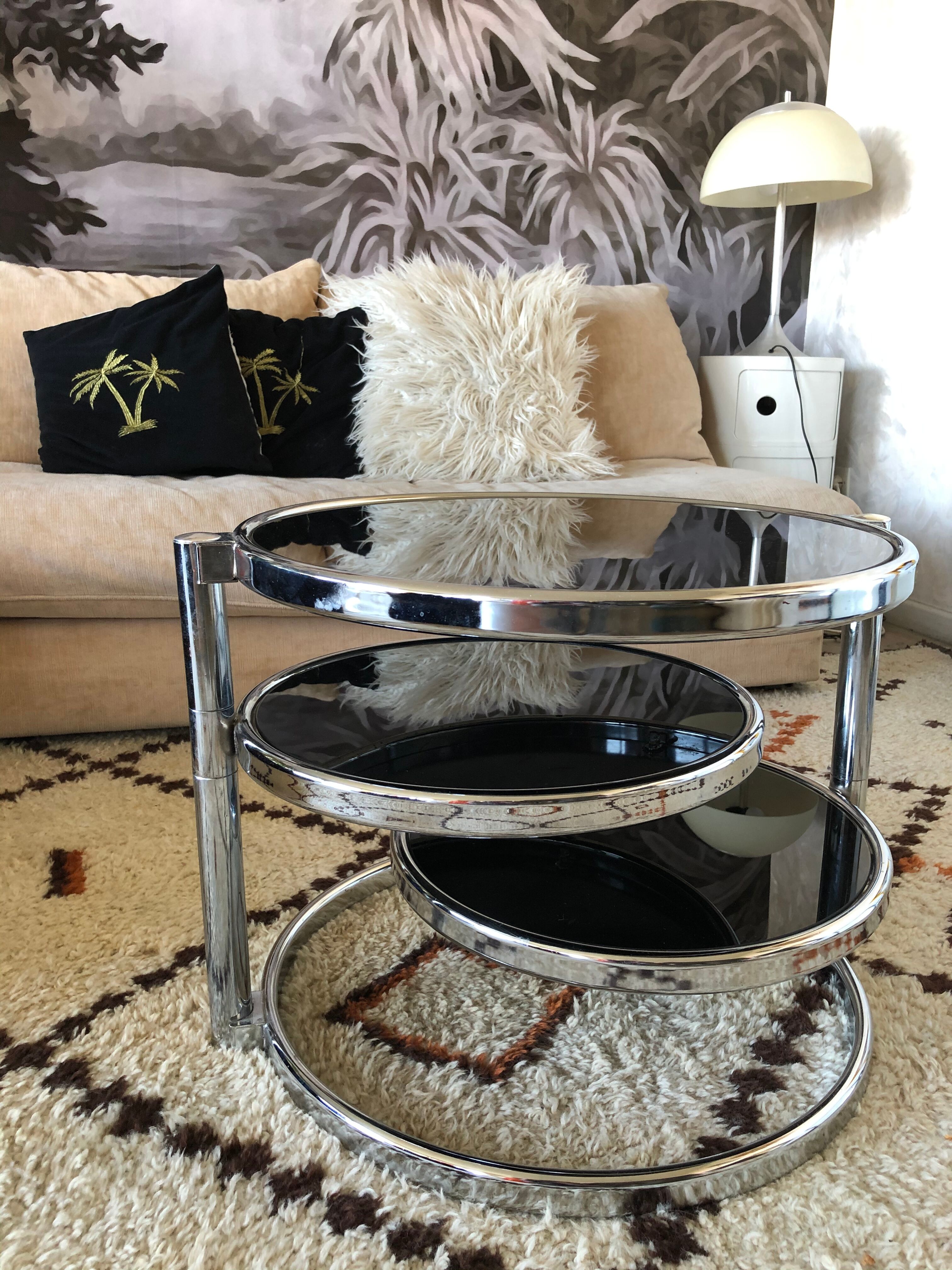 Chrome round coffee table and smoked glass