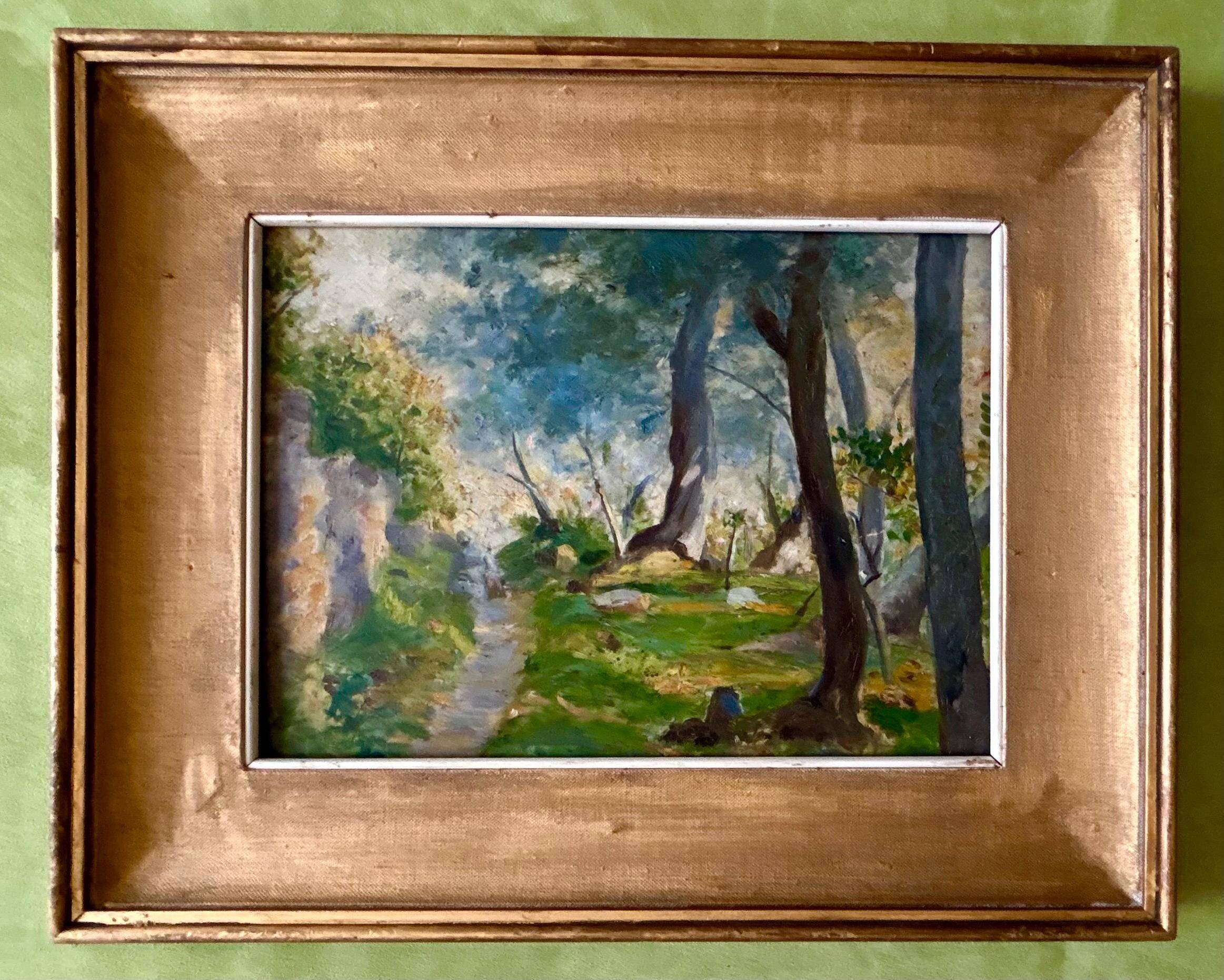 Vintage 1930s French Oil Painting on Panel – Barbizon‑Style Forest Path