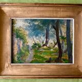 Vintage 1930s French Oil Painting on Panel – Barbizon‑Style Forest Path