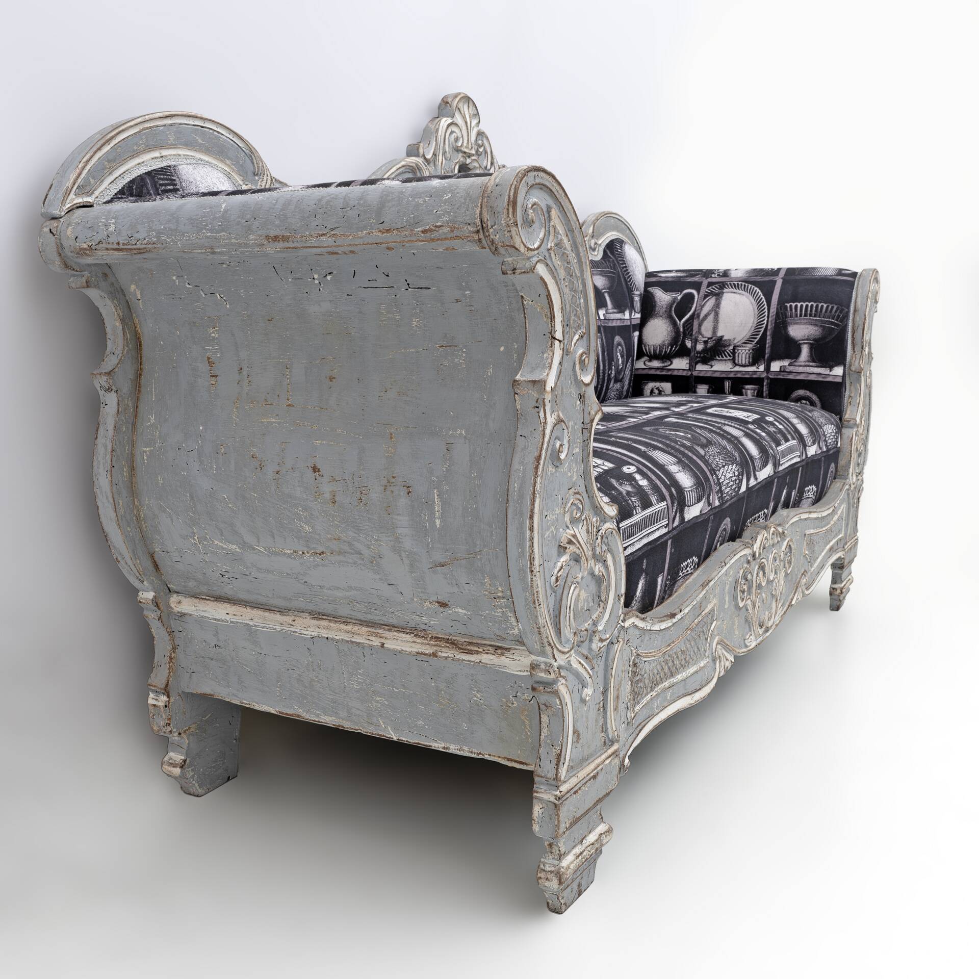 Charles X Style Italian Sofa with Fornasetti Linen Fabric
