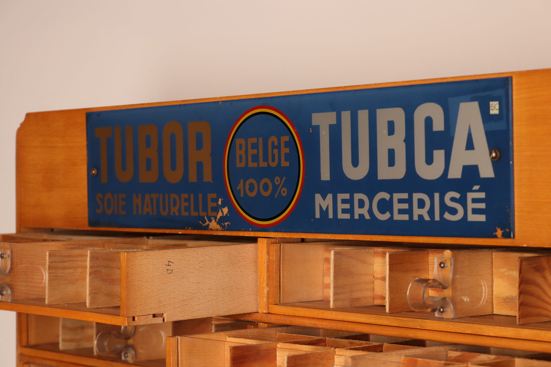 Xl vintage haberdashery 'tubor tubca' by poreye & fils - belgium - 1950's