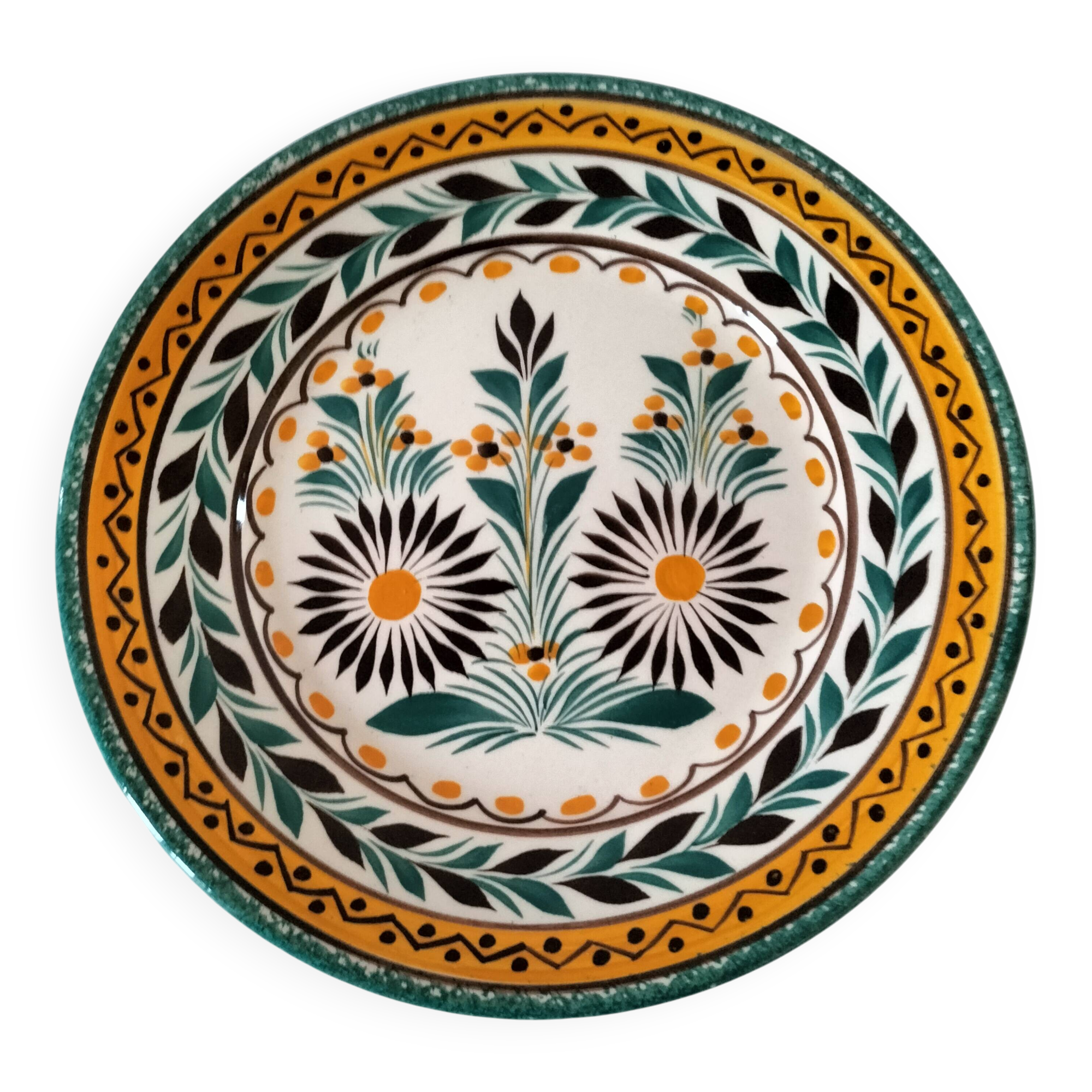 HB Quimper plate, Camaïeu model, green and saffron floral decoration