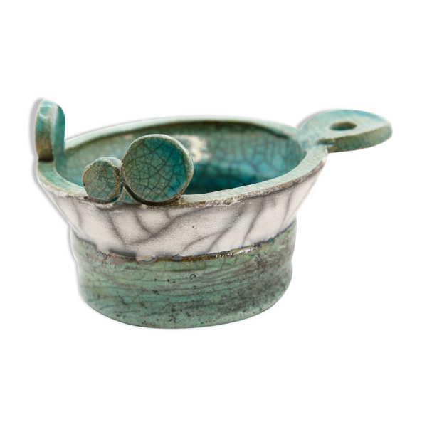 Coupelle atypique en raku turquoise et grise avec signature