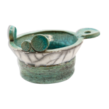 Atypical cup in turquoise and gray raku with signature