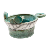 Atypical cup in turquoise and gray raku with signature
