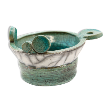 Coupelle atypique en raku turquoise et grise avec signature