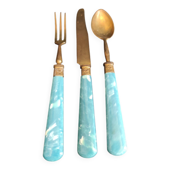 Vintage dessert cutlery set in blue bakelite
