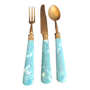 Vintage dessert cutlery set in blue bakelite