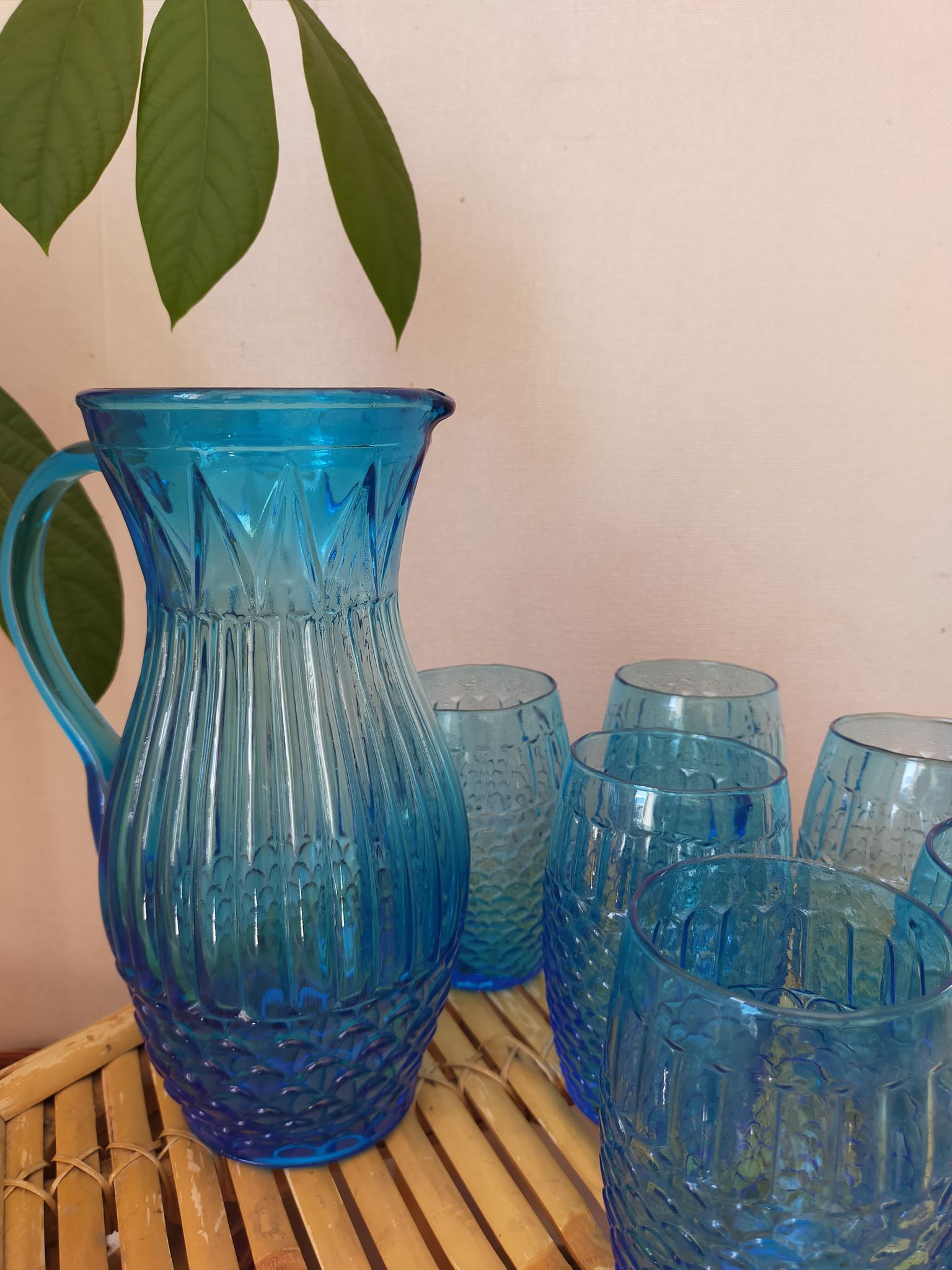 Vintage Art Deco blue molded glass orangeade set, pitcher and 6 glasses