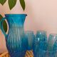 Vintage Art Deco blue molded glass orangeade set, pitcher and 6 glasses